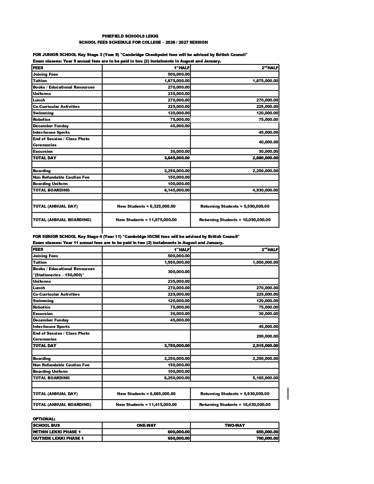 COLLEGE SCHOOL FEES (YEAR 9 & 11) 2026-2027_page-0001